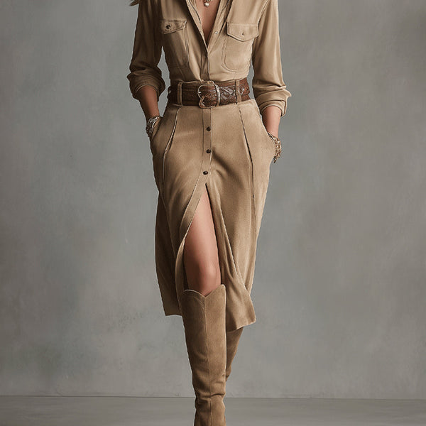 Alelie | Women's Brown Fashion Suede Midi Dress