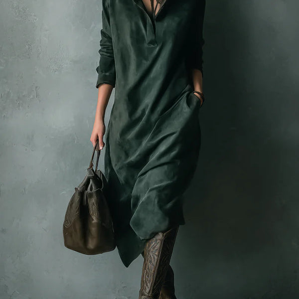 Isna | Green Loose Suede Lapel Long Sleeve Midi Dress