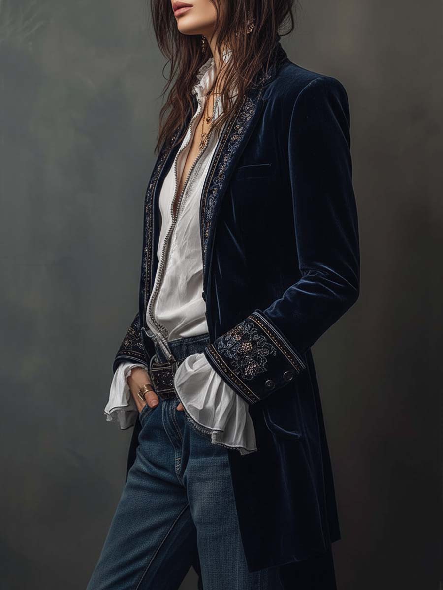 Erica | Long Vintage Velvet Jacket with Embroidery