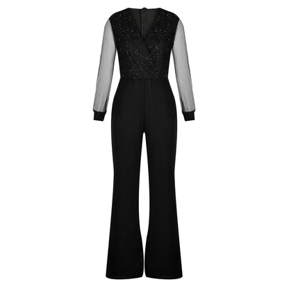 ISLIE | JUMPSUIT WITH SHEER SLEEVES AND WIDE LEGS