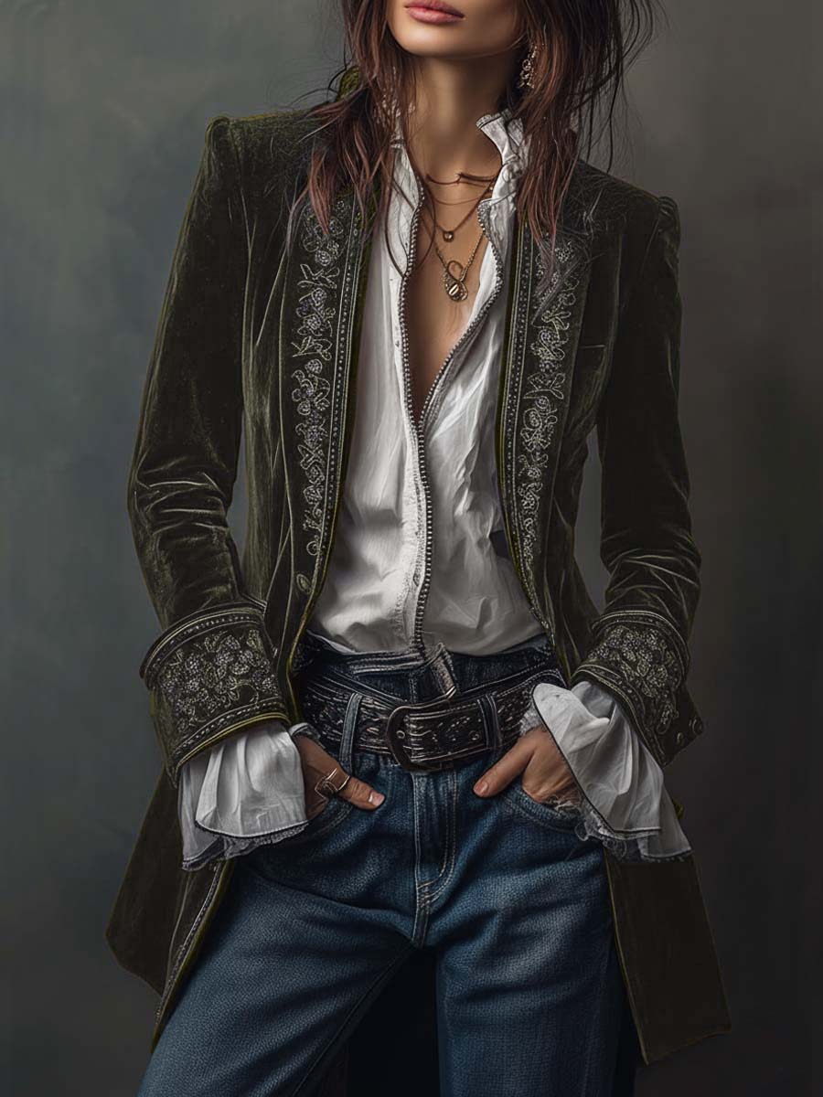 Erica | Long Vintage Velvet Jacket with Embroidery