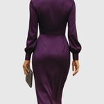 CERELIA | DEEP PLUM SATIN WRAP MIDI DRESS