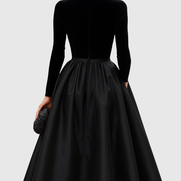 ARADIA | ELEGANT BLACK VELVET AND SATIN MIDI DRESS