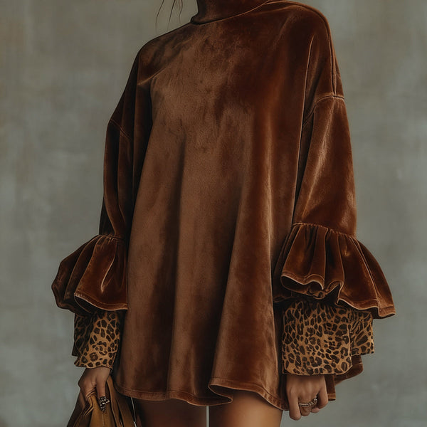 OFELIA VELVET LEOPARD CUFF FLOUNCE SLEEVE MINI DRESS