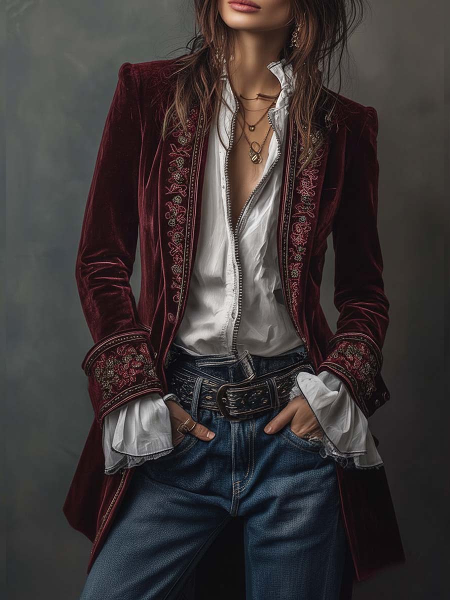 Erica | Long Vintage Velvet Jacket with Embroidery