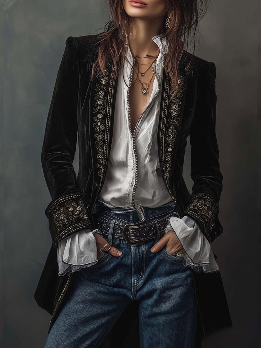 Erica | Long Vintage Velvet Jacket with Embroidery