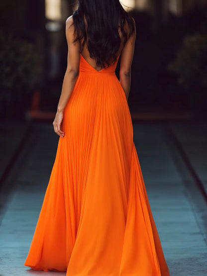 VESPERINA | V-NECK HALTER PLEAT MAXI DRESS