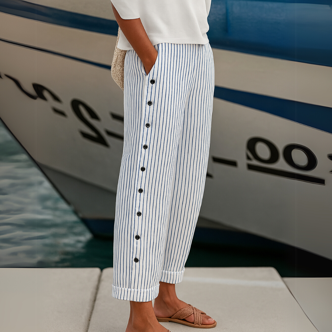 JOVIE | BUTTON-DETAIL STRIPED TROUSERS