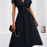 LUCYNDRA | V-NECK PLEATED WAIST MIDI DRESS
