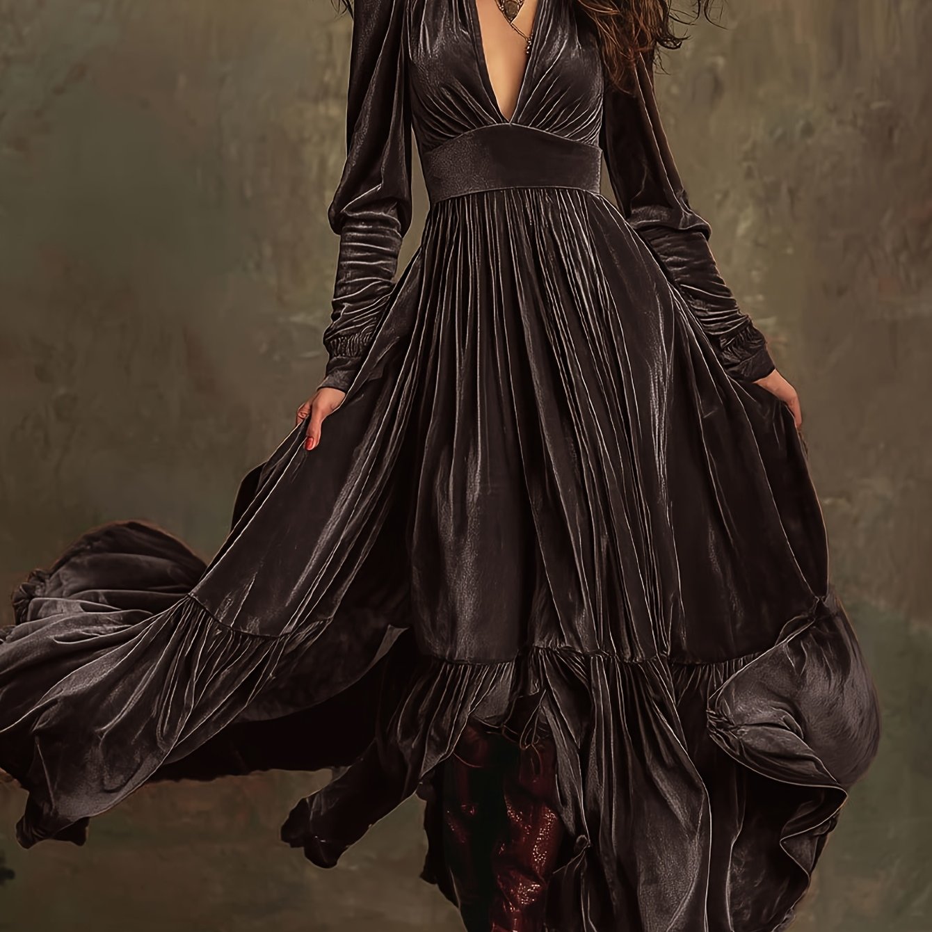 SERAFINA | RETRO OVERSIZED SKIRT LONG DRESS WITH DEEP V-NECK