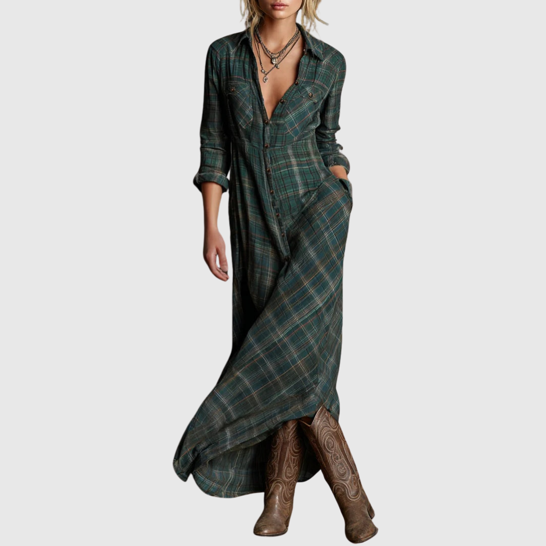 CLARIBELLE | GREEN CHECK LONG DRESS