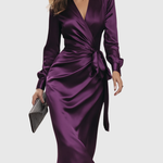 CERELIA | DEEP PLUM SATIN WRAP MIDI DRESS