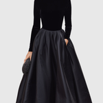 ARADIA | ELEGANT BLACK VELVET AND SATIN MIDI DRESS