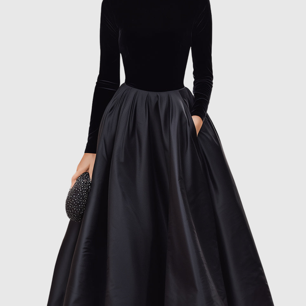 ARADIA | ELEGANT BLACK VELVET AND SATIN MIDI DRESS