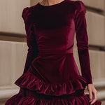 AURELIA | BURGUNDY VELVET RUFFLE DRESS