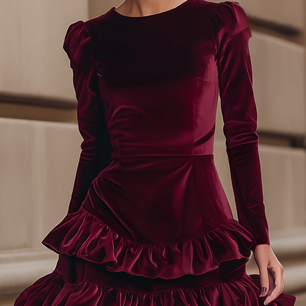 AURELIA | BURGUNDY VELVET RUFFLE DRESS