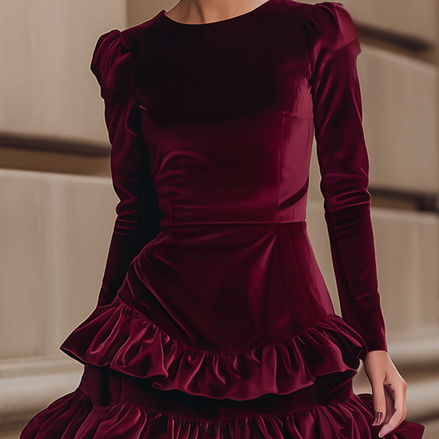 AURELIA | BURGUNDY VELVET RUFFLE DRESS