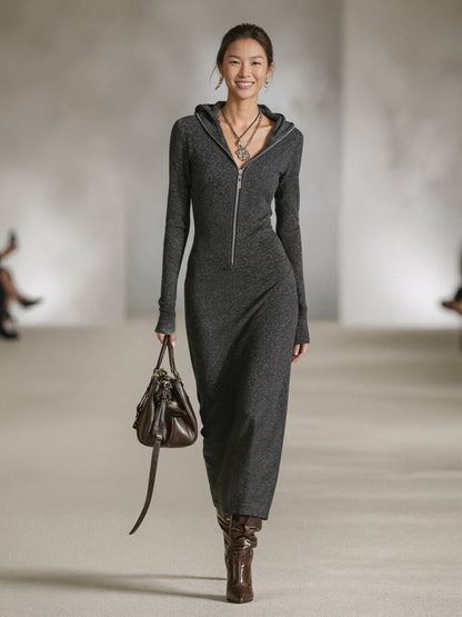 LIORRA | LONG-SLEEVE TUNIC DRESS WITH HOOD AND ZIPPER DETAIL