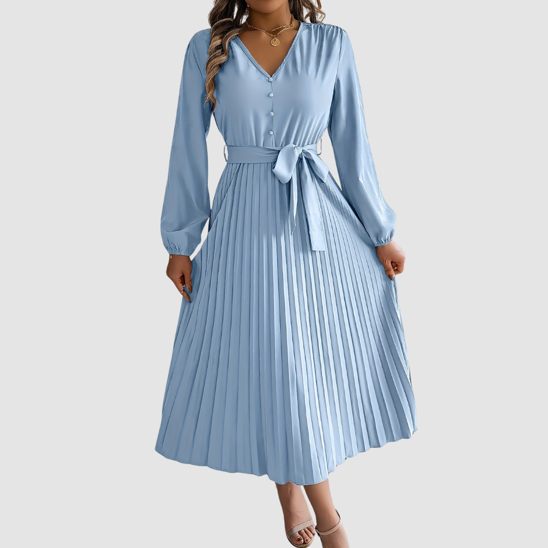 CELESTE BLOOM | PLEATED LONG-SLEEVE MIDI DRESS