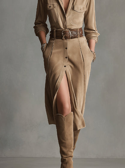 Alelie | Women's Brown Fashion Suede Midi Dress