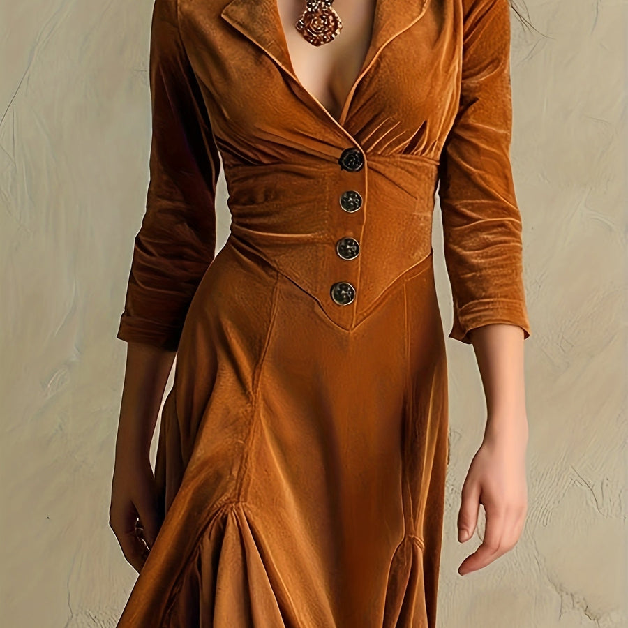 ELOWENNA | ELEGANT BUTTON-FRONT COLLAR DRESS WITH 7/8 SLEEVE