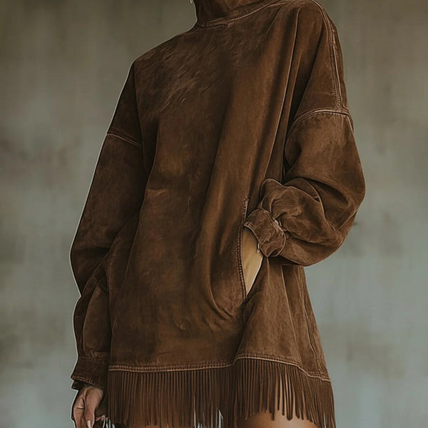 LAVINIA FAUX SUEDE TURTLENECK DRESS WITH FRINGE HEM