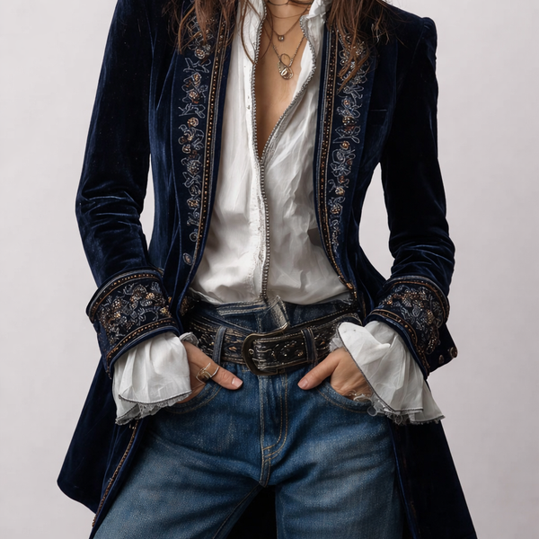 Erica | Long Vintage Velvet Jacket with Embroidery