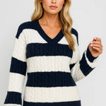 MIRELLE | V-NECK CABLE-KNIT STRIPED SWEATER