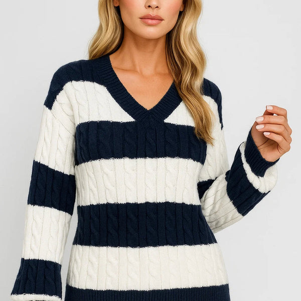 MIRELLE | V-NECK CABLE-KNIT STRIPED SWEATER