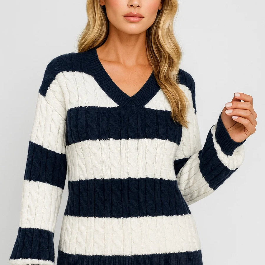 MIRELLE | V-NECK CABLE-KNIT STRIPED SWEATER