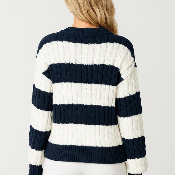 MIRELLE | V-NECK CABLE-KNIT STRIPED SWEATER