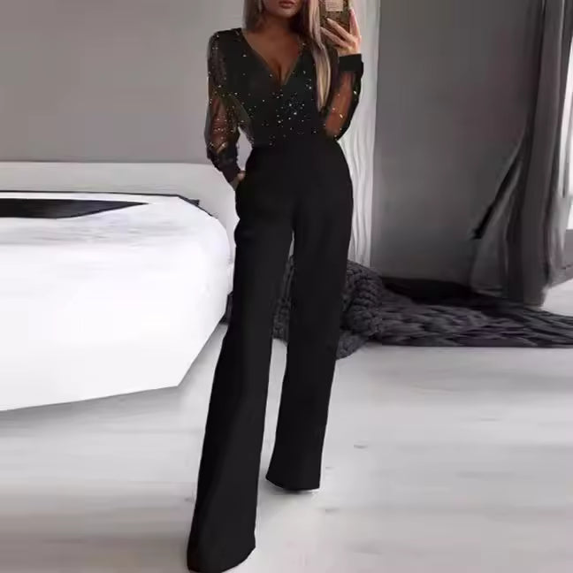 ISLIE | JUMPSUIT WITH SHEER SLEEVES AND WIDE LEGS