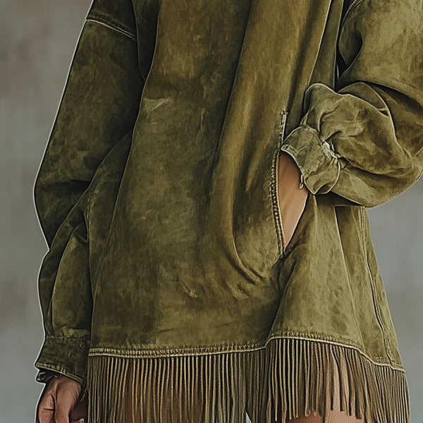 LAVINIA FAUX SUEDE TURTLENECK DRESS WITH FRINGE HEM