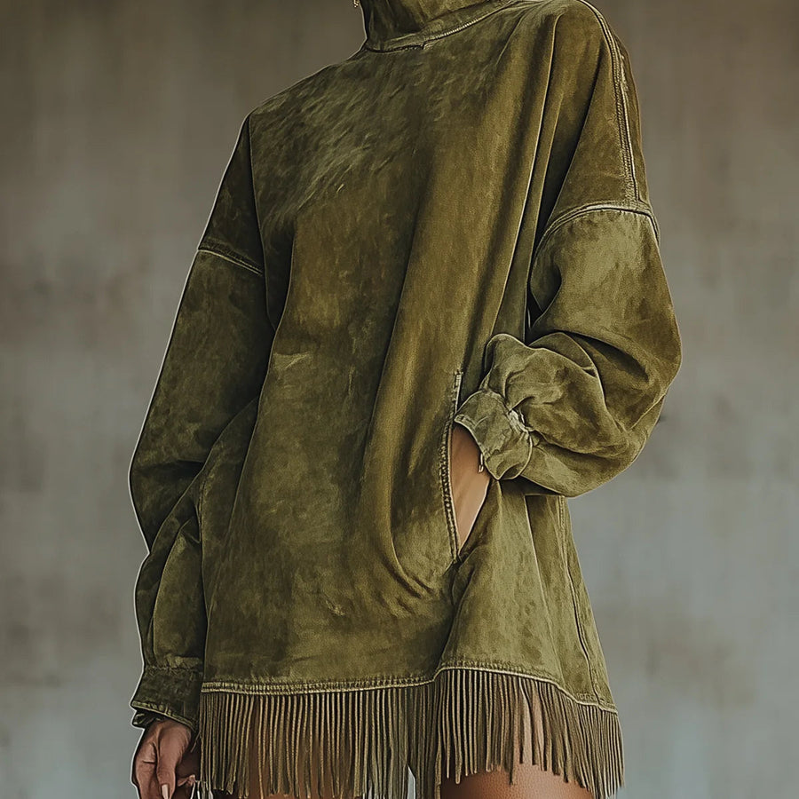 LAVINIA FAUX SUEDE TURTLENECK DRESS WITH FRINGE HEM