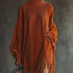 MIRA ORANGE CORDUROY DRESS WITH FRINGED HEM AND HIGH COLLAR