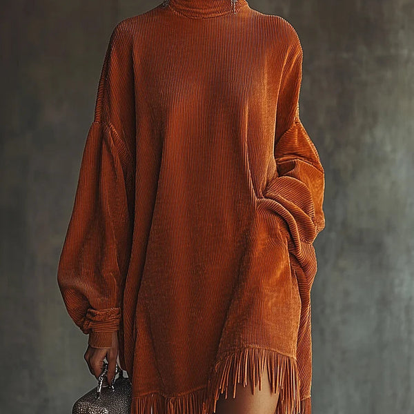 MIRA ORANGE CORDUROY DRESS WITH FRINGED HEM AND HIGH COLLAR