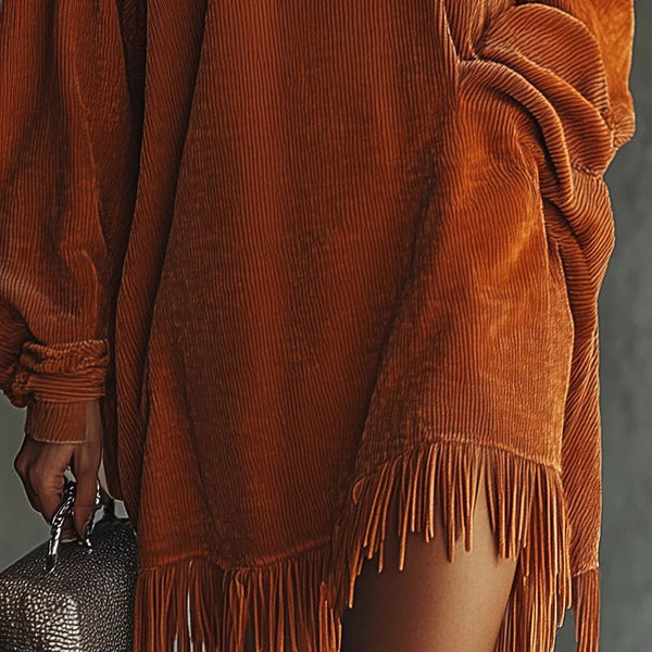 MIRA ORANGE CORDUROY DRESS WITH FRINGED HEM AND HIGH COLLAR