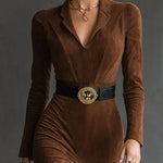 Felicity | Retro Western Style Lapel Faux Suede Slit Midi Dress (Includes belt)