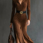 Felicity | Retro Western Style Lapel Faux Suede Slit Midi Dress (Includes belt)
