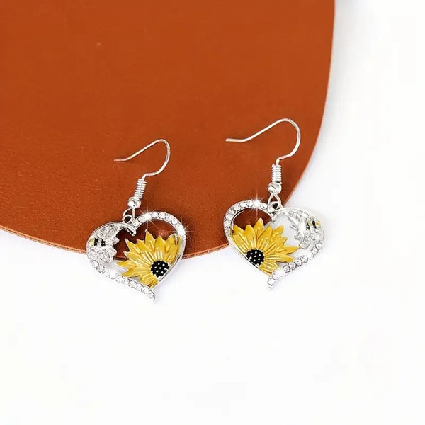 Orecchini vintage Boho a cuore con girasole e ape
