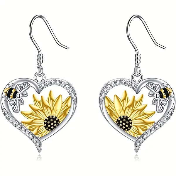 Orecchini vintage Boho a cuore con girasole e ape
