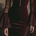 TAMSIN VELVET & LACE BODYCON MINI DRESS IN BORDEAUX