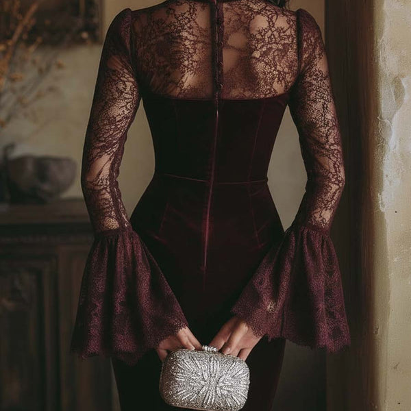 TAMSIN VELVET & LACE BODYCON MINI DRESS IN BORDEAUX
