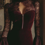 TAMSIN VELVET & LACE BODYCON MINI DRESS IN BORDEAUX