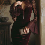 TAMSIN VELVET & LACE BODYCON MINI DRESS IN BORDEAUX