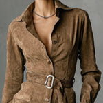 Marigold | Suede Single Breasted Lapel Long Sleeve Midi Dress (Includes belt)