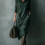 Isna | Green Loose Suede Lapel Long Sleeve Midi Dress