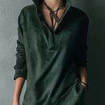 Isna | Green Loose Suede Lapel Long Sleeve Midi Dress