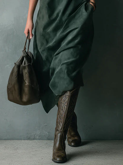 Isna | Green Loose Suede Lapel Long Sleeve Midi Dress