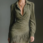 MORLENNA OLIVE GREEN FAUX SUEDE V-NECK WRAP MINI DRESS